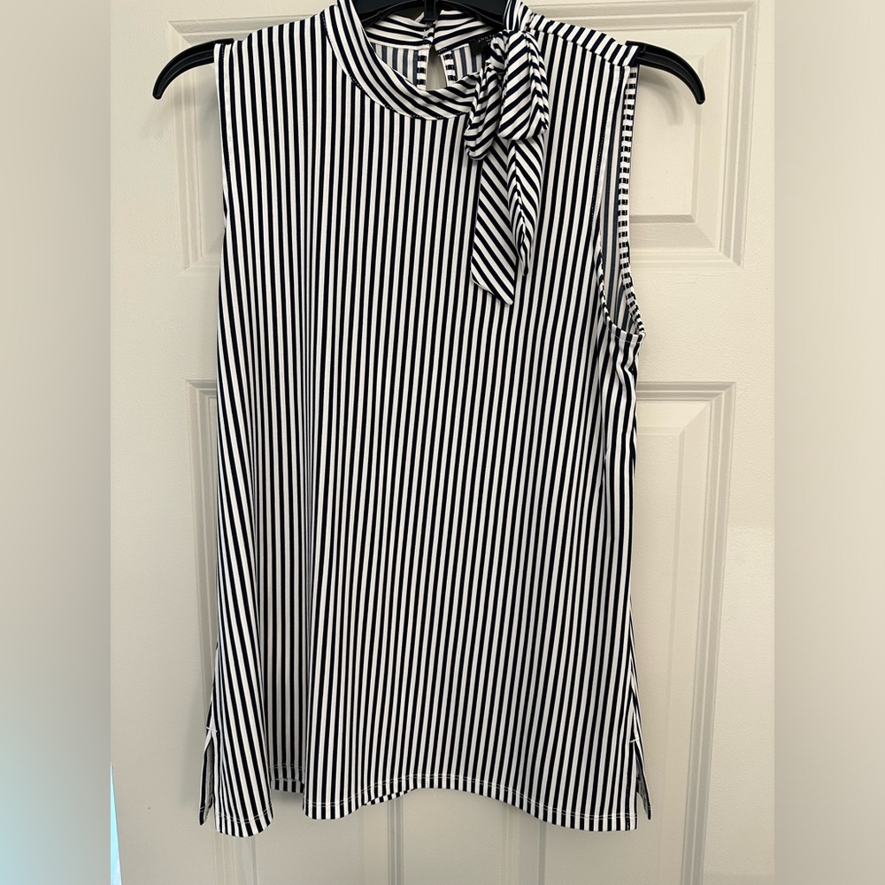 High neck sleeveless blouse, navy blue and white stripe with bow detail on front